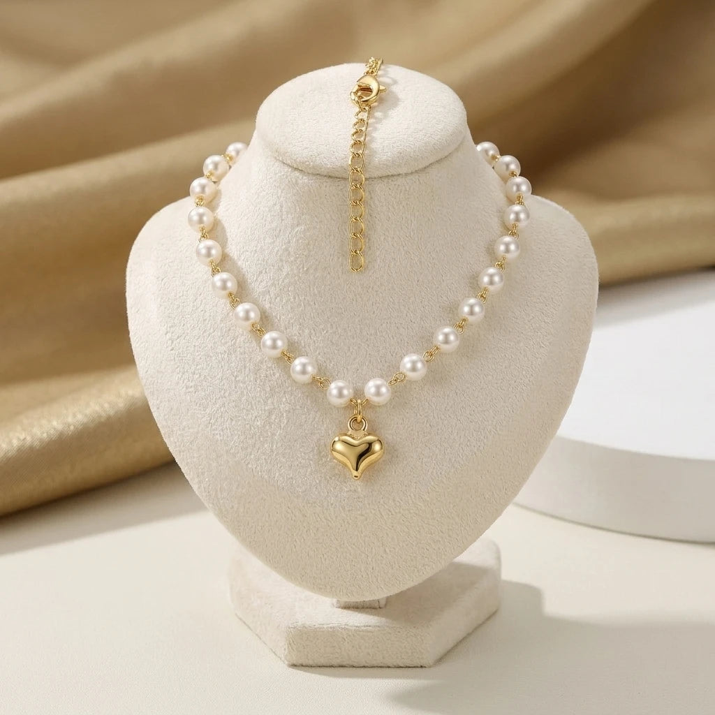Delicate Pearls with Heart Pendant Kids Necklace - 18K Gold Plated
