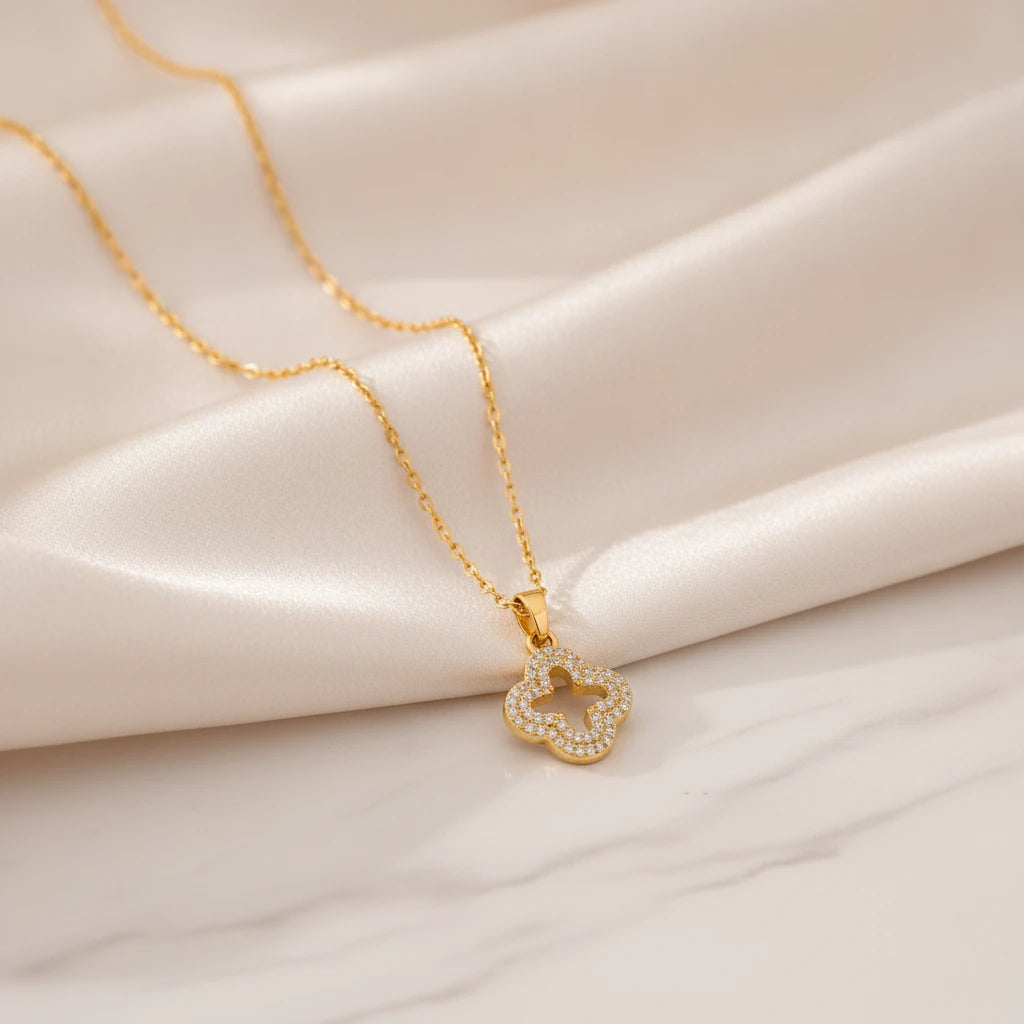 Studded Zirconia Clover Necklace -18K Gold Plated