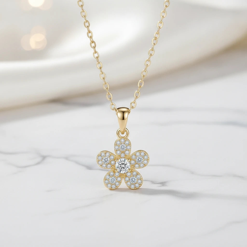 Studded Zirconia Flower Necklace -18K Gold Plated