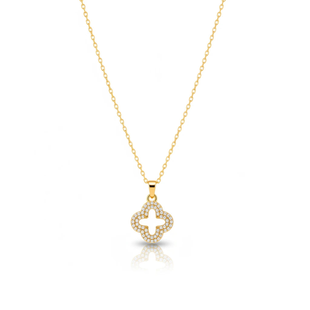 Studded Zirconia Clover Necklace -18K Gold Plated