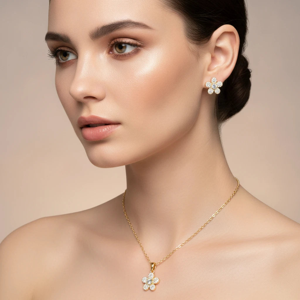 Studded Zirconia Flower Necklace -18K Gold Plated