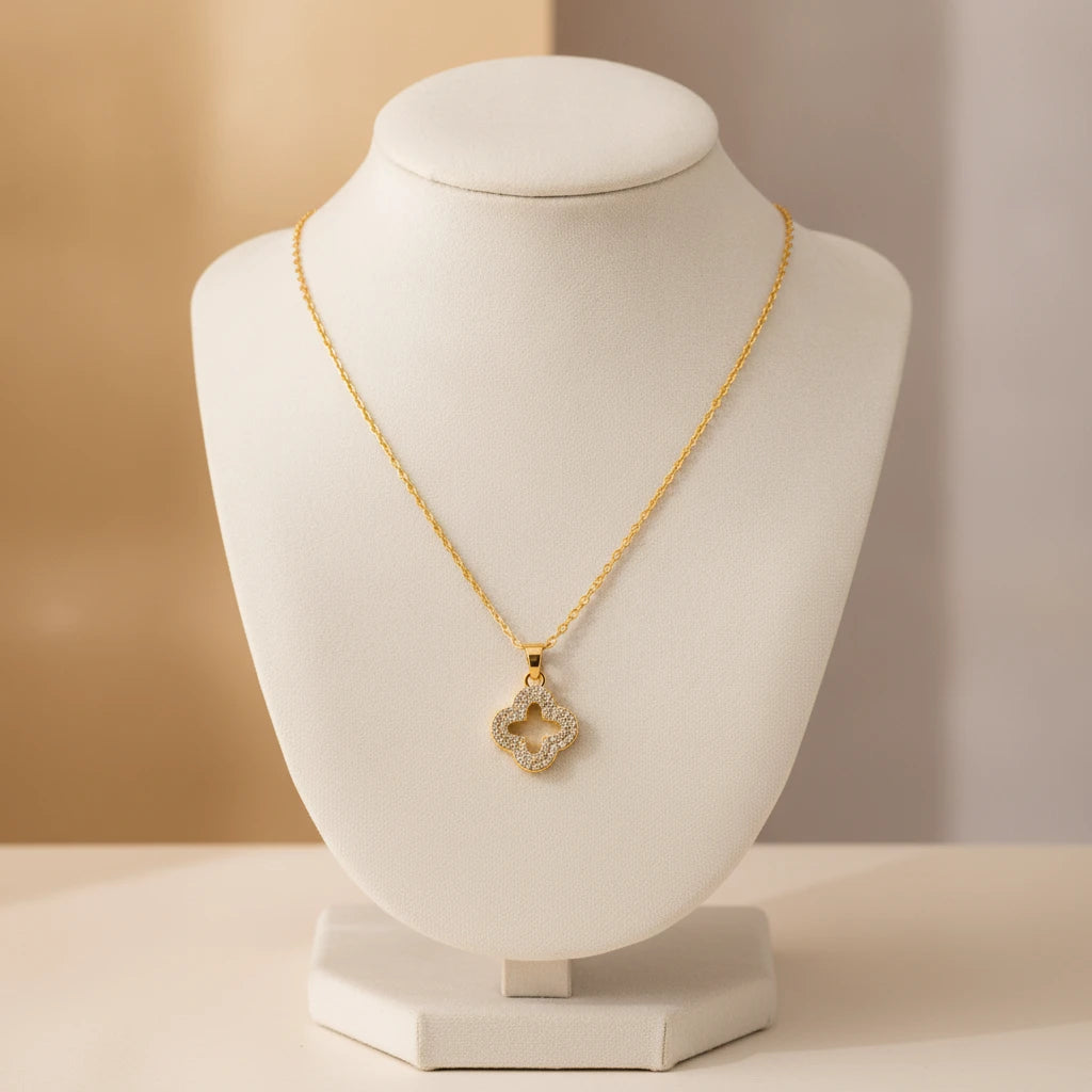 Studded Zirconia Clover Necklace -18K Gold Plated