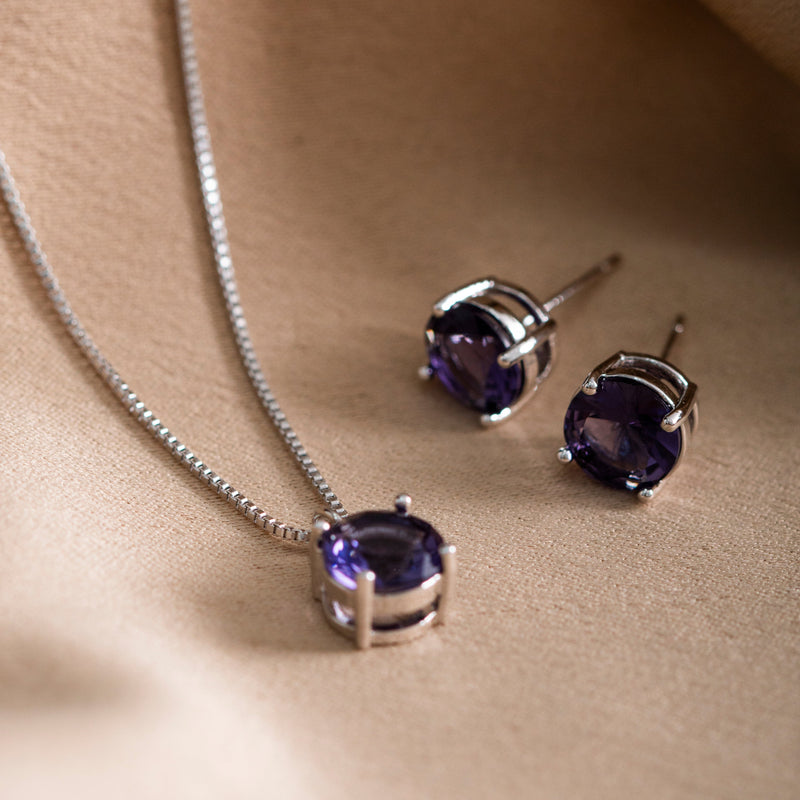 White Rhodium Plated Round Amethyst Set