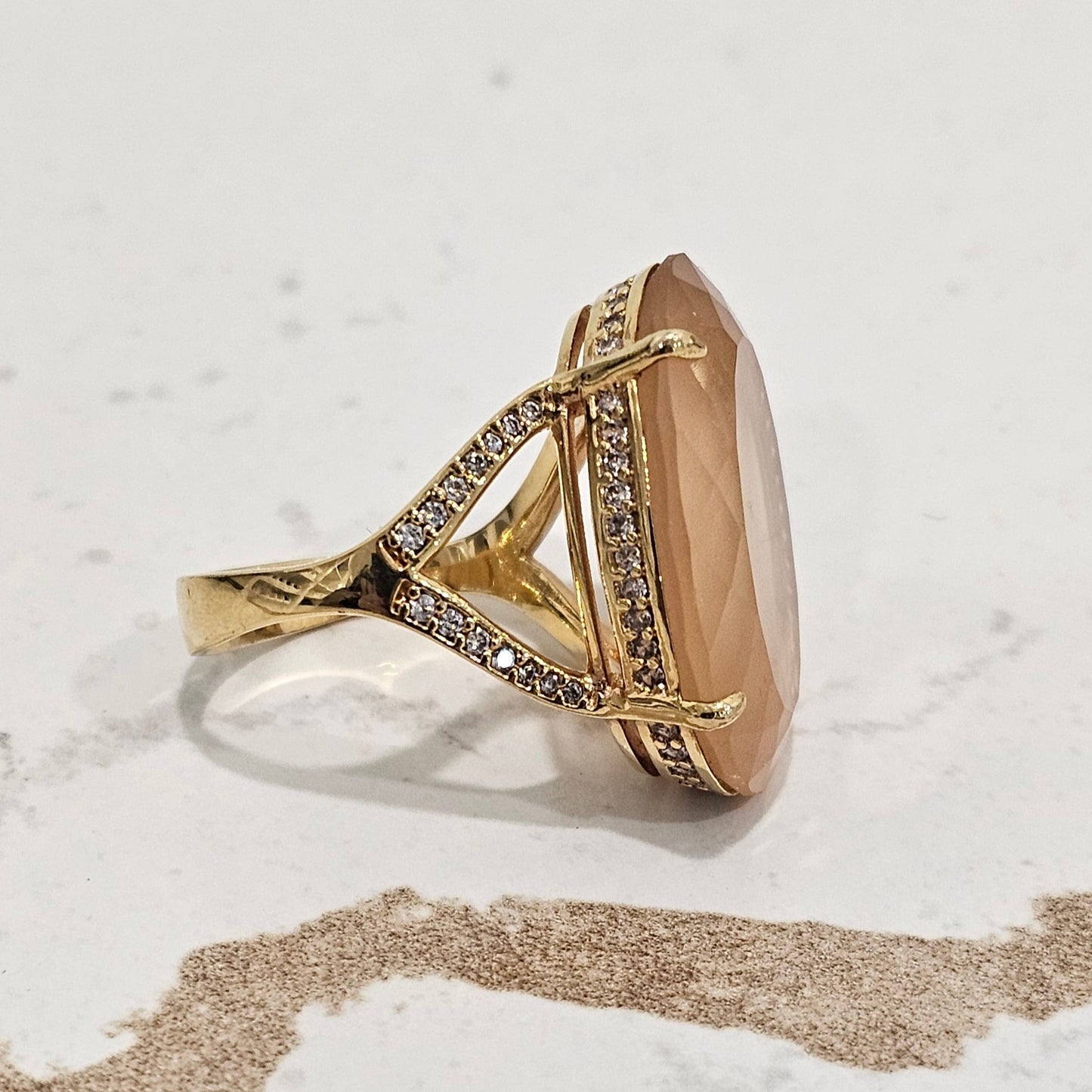 18K Gold Plated Oval Studded Zirconia Morganite Ring