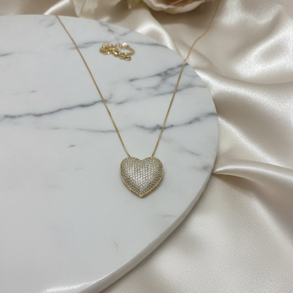 Studded Heart Pendant Necklace - 18K Gold Plated