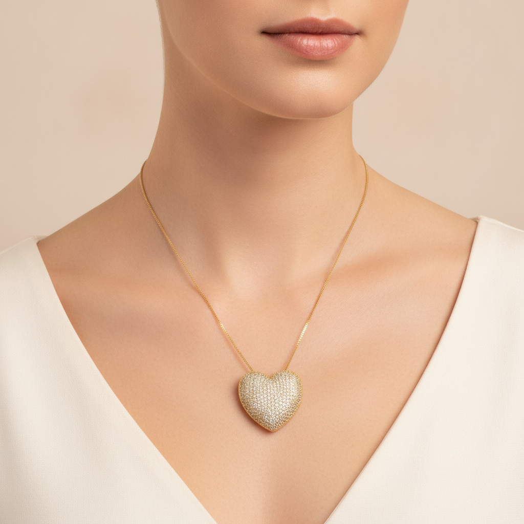 Studded Heart Pendant Necklace - 18K Gold Plated
