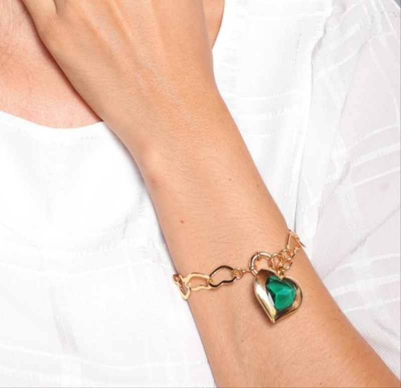 18K Gold Plated Colombian Emerald Heart Pendant Bracelet