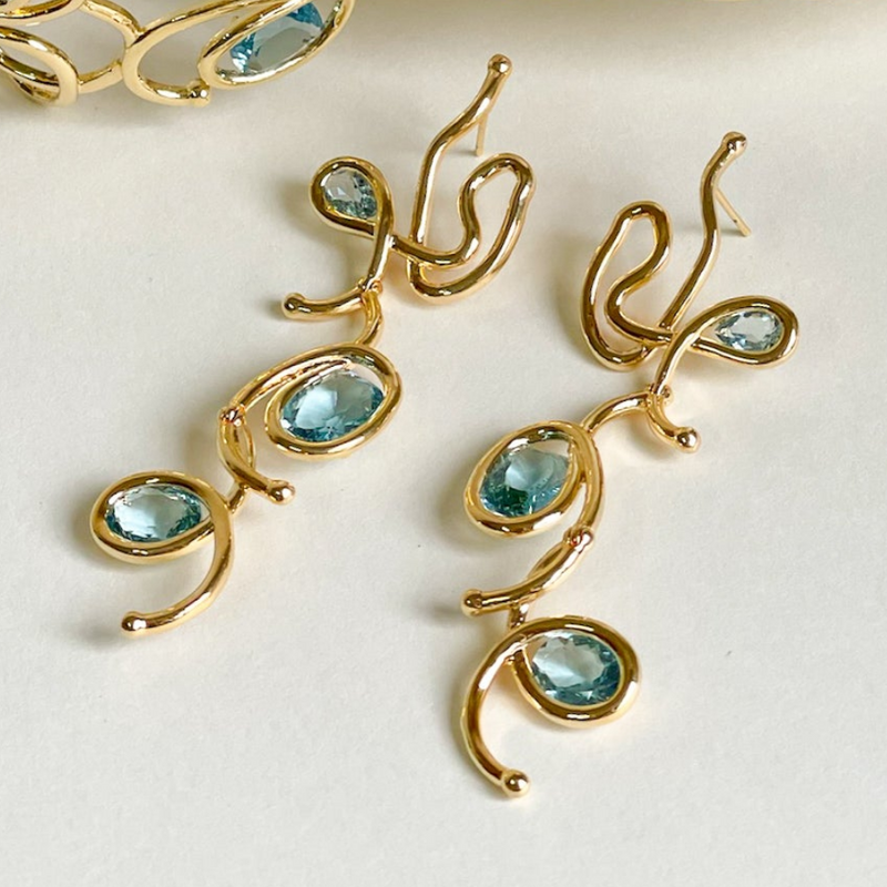 18K Gold Plated Organic Aquamarine Dangling Earrings