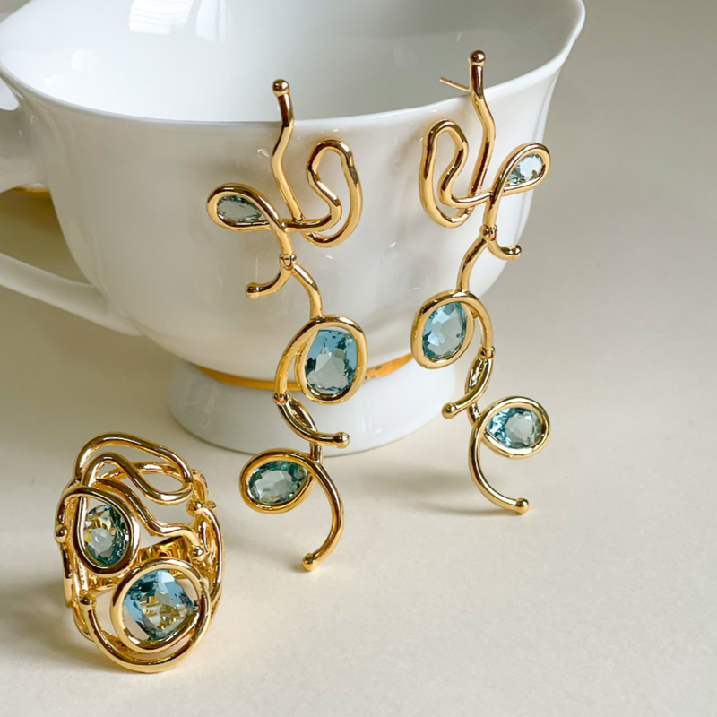 18K Gold Plated Organic Aquamarine Dangling Earrings