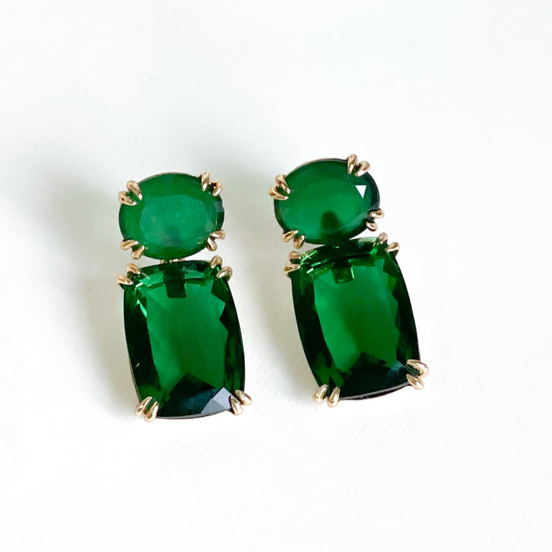 18K Gold Plated Oval Matte Green Tourmaline Rectangle Green Tourmaline Earrings