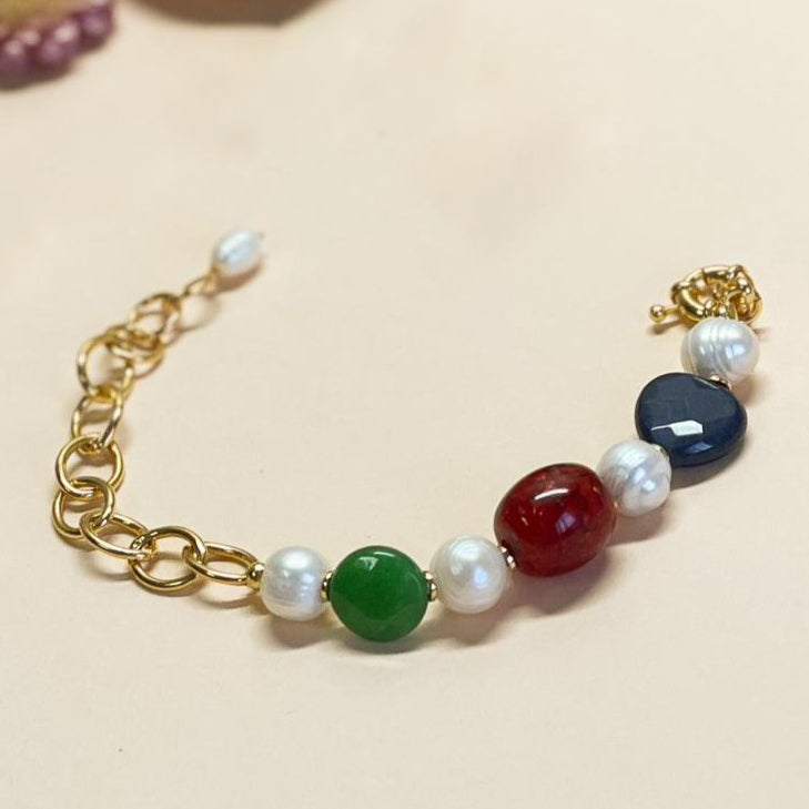 18K Gold Plated Green, Red and Blue Zoisite Baroque Pearls Bracelet