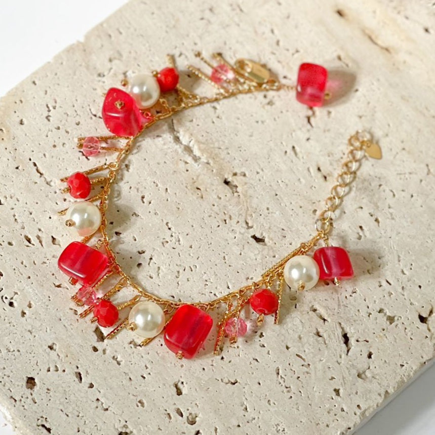 18K Gold Plated Bracelet with pearls and colorful accents.