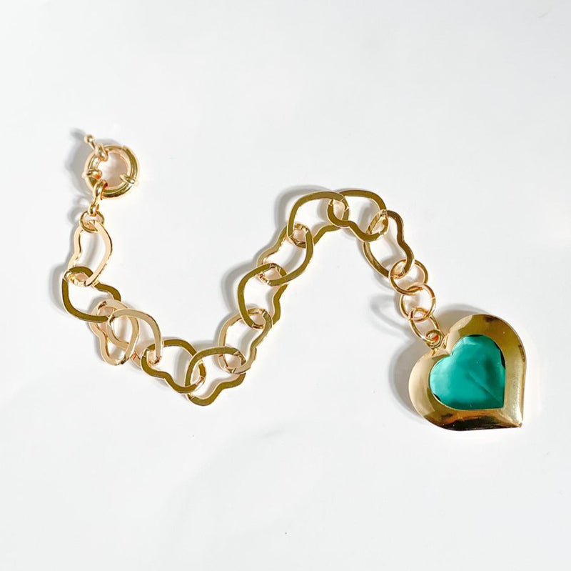 18K Gold Plated Colombian Emerald Heart Pendant Bracelet