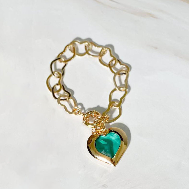 18K Gold Plated Colombian Emerald Heart Pendant Bracelet