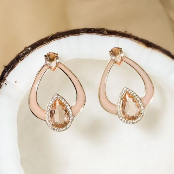 18K Gold Plated Stud Morganite, Big Morganite Teardrop Surrounded by Studded Zirconia Earrings