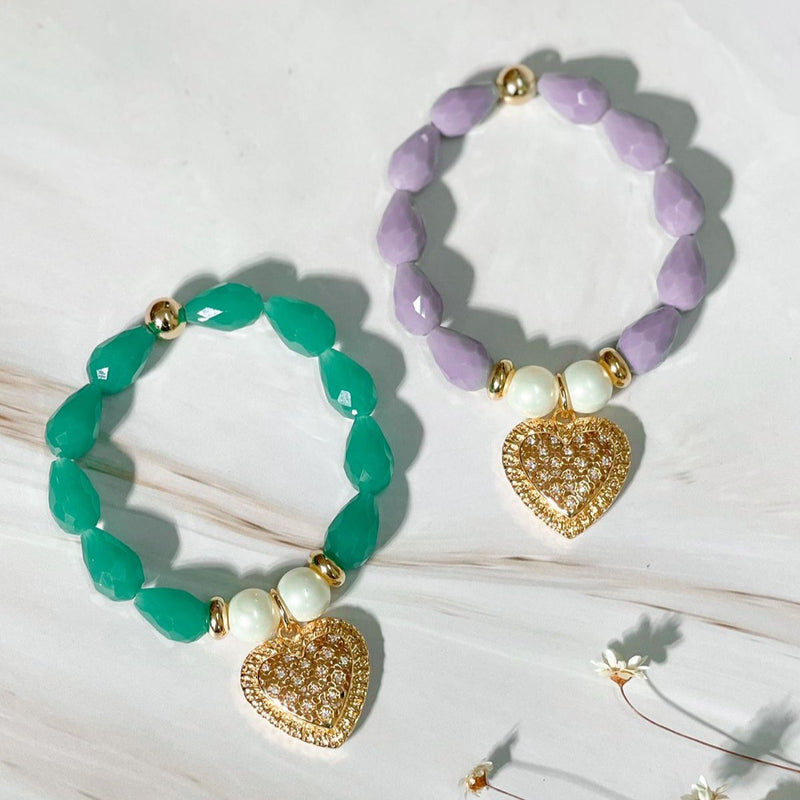 18K Gold Plated Studded Heart Lavender Pears Stone Bracelet