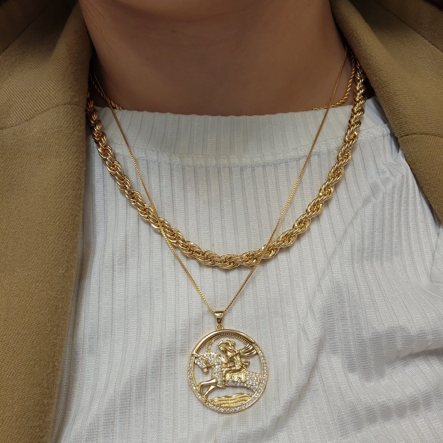 18K Gold Plated Saint George Studded Zirconia Box Necklace