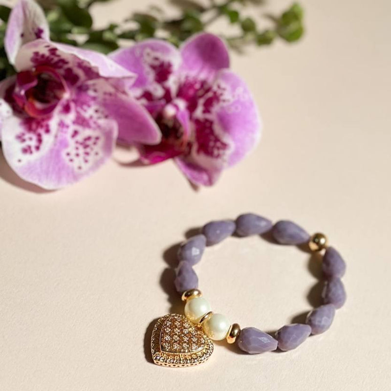 18K Gold Plated Studded Heart Lavender Pears Stone Bracelet