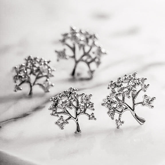 White Rhodium Plated Studded Zirconia Duo Tree Earrings