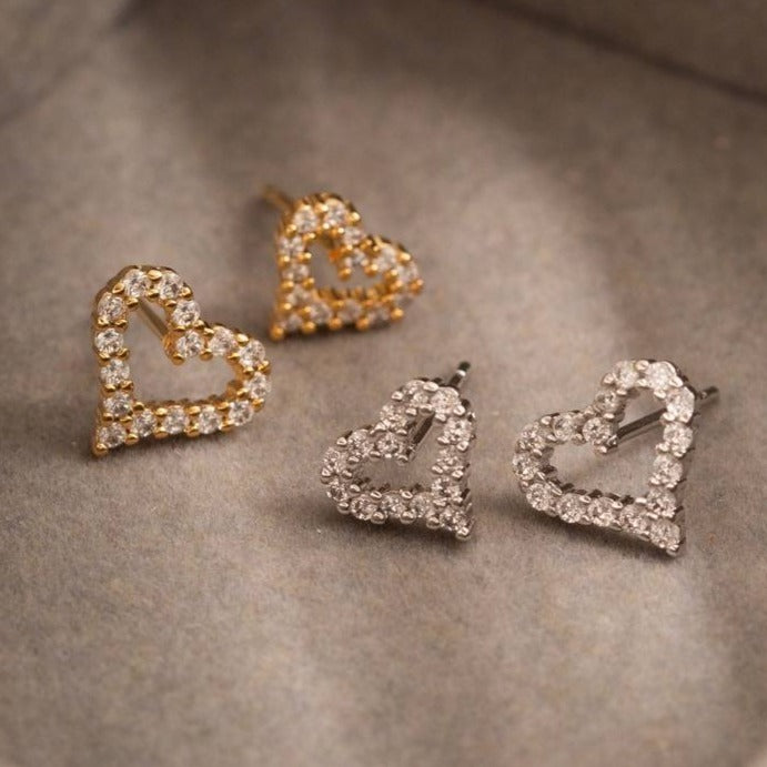 18K Gold Plated Double Heart Studded Zirconia Earrings