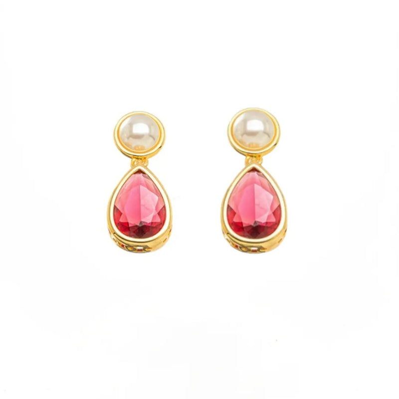 18K Gold Plated Pearls and Red Crystal Earrings