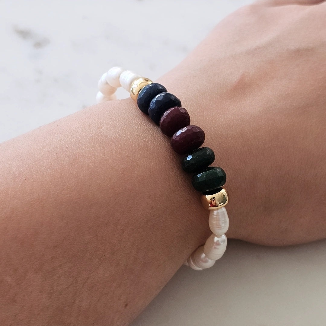 18K Gold Plated Green, Red and Blue Zoisite Baroque Pearls Bracelet