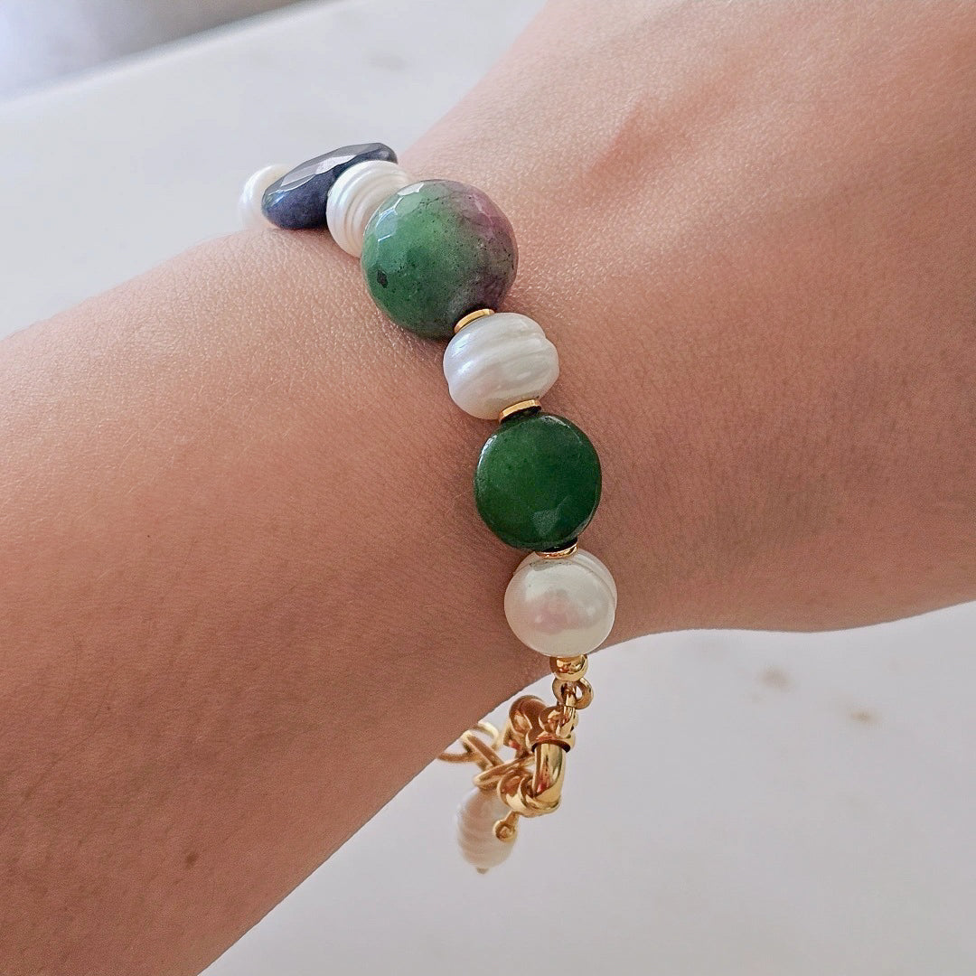 18K Gold Plated Green, Red and Blue Zoisite Baroque Pearls Bracelet