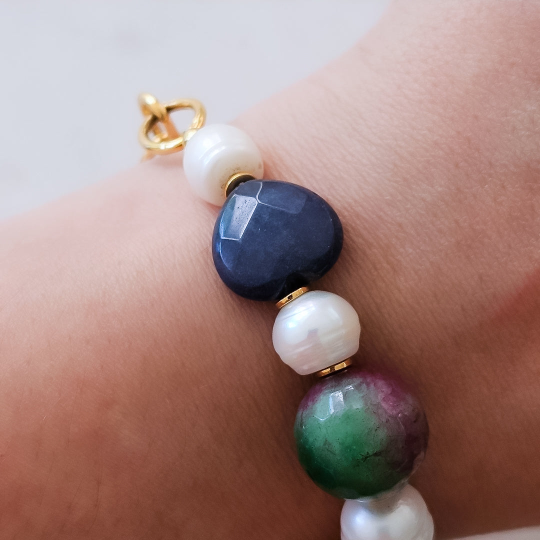 18K Gold Plated Green, Red and Blue Zoisite Baroque Pearls Bracelet