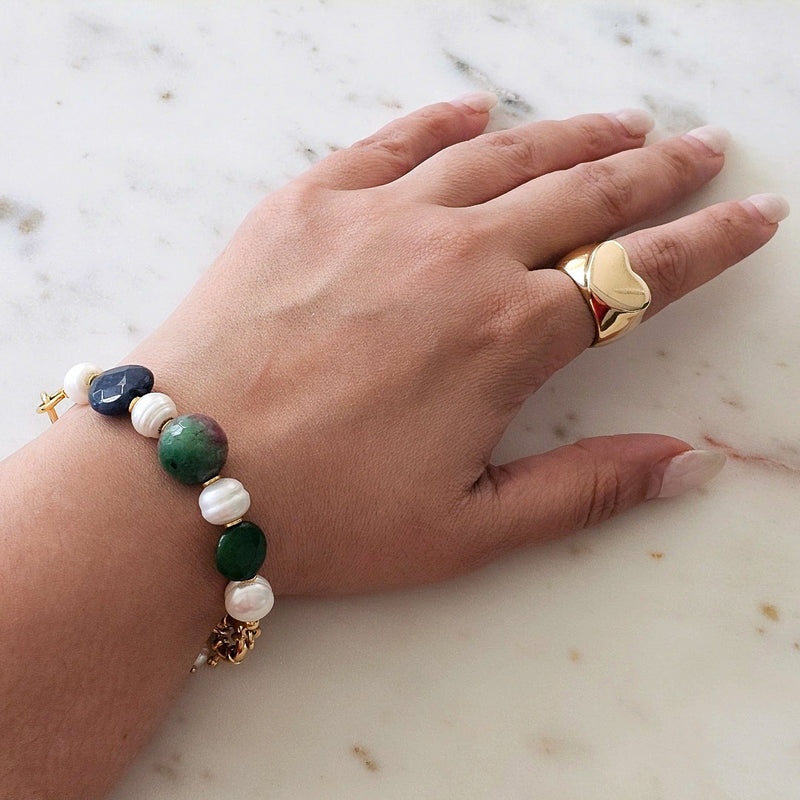 18K Gold Plated Green, Red and Blue Zoisite Baroque Pearls Bracelet