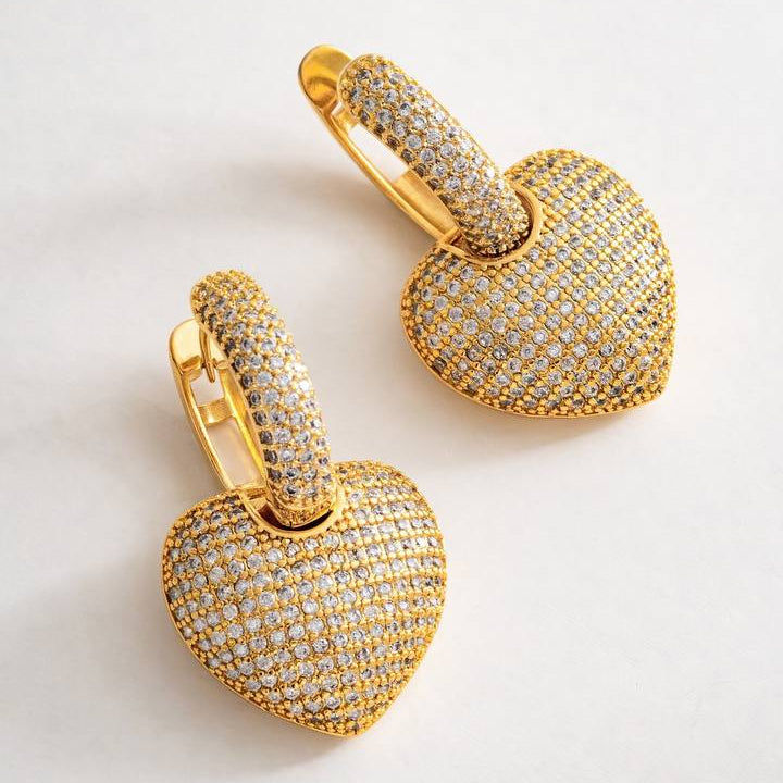 18K Gold Plated Bold Dangling Heart Studded Zirconia Earrings