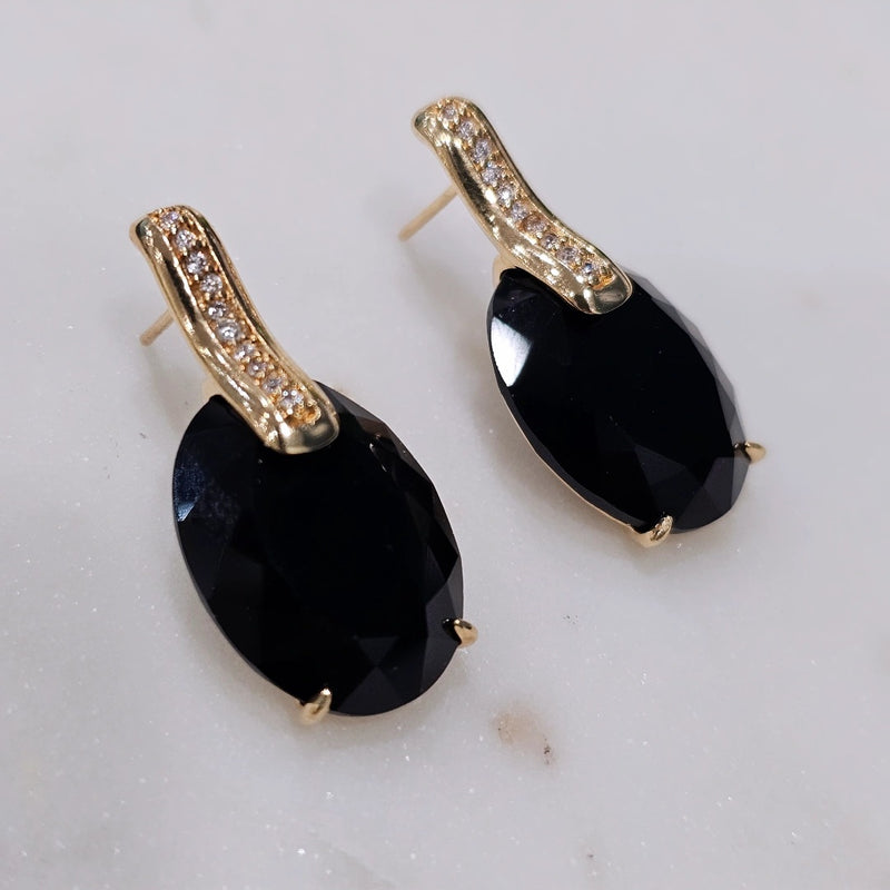 18K Gold Plated Onyx Studded Zirconia Earrings