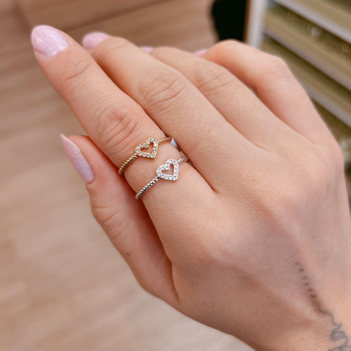 18K Gold Plated Delicate Adjustable Studded Zirconia Heart Ring
