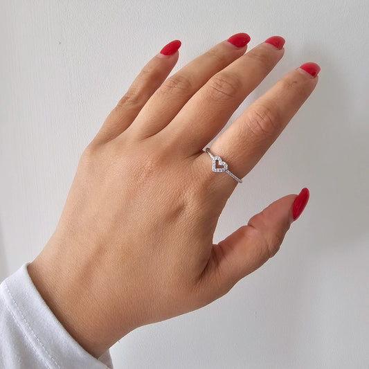 White Rhodium Plated Adjustable Delicate Studded Zirconia Heart Ring