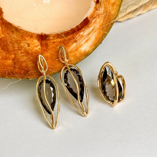18K Gold Plated Smoke Quartz Teardrop Organic Ring
