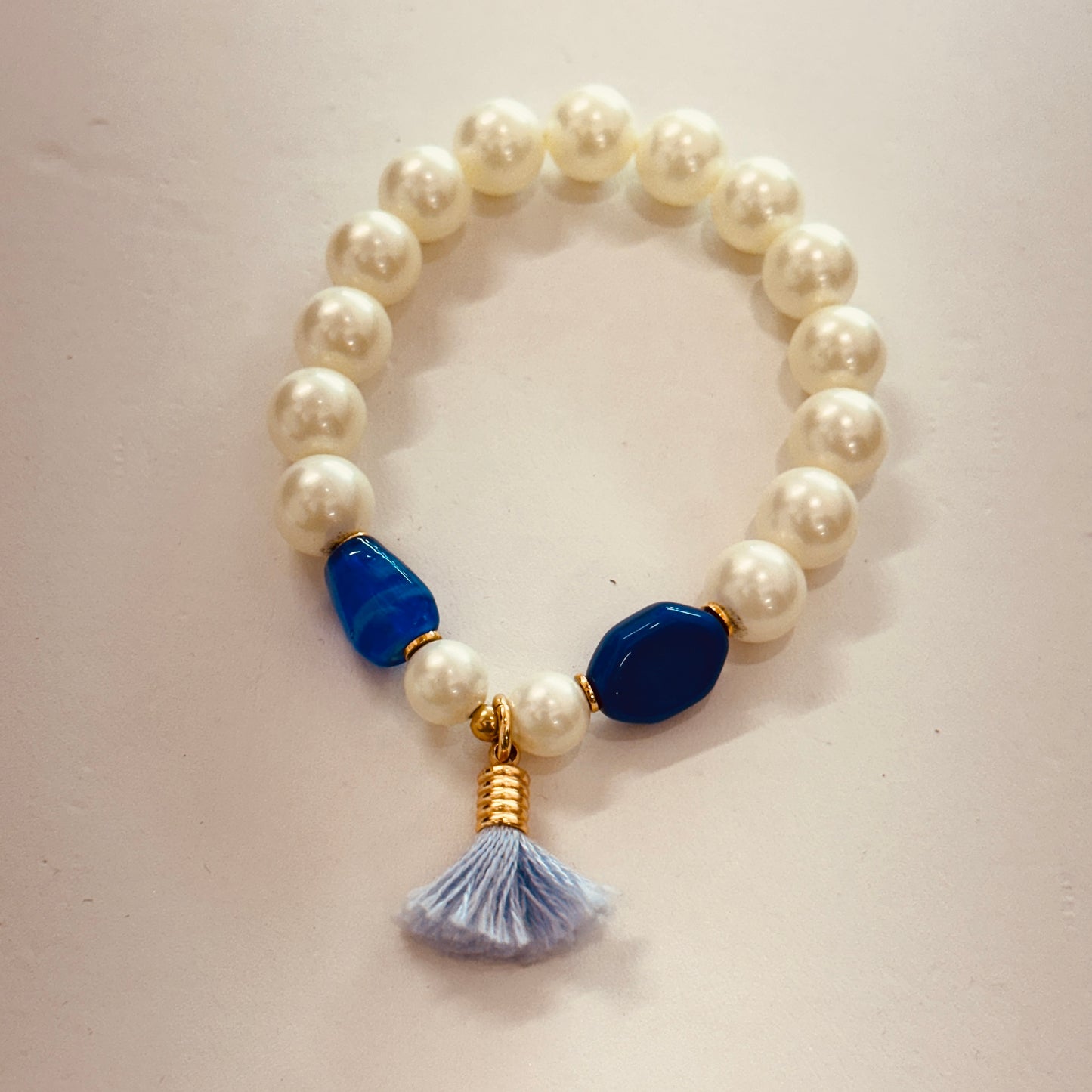 18K Gold Plated Pearl and Blue Stones and Pompom Bracelet