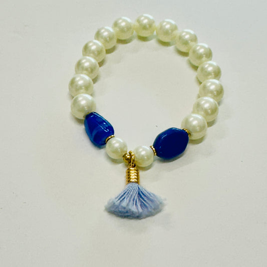 18K Gold Plated Pearl and Blue Stones and Pompom Bracelet