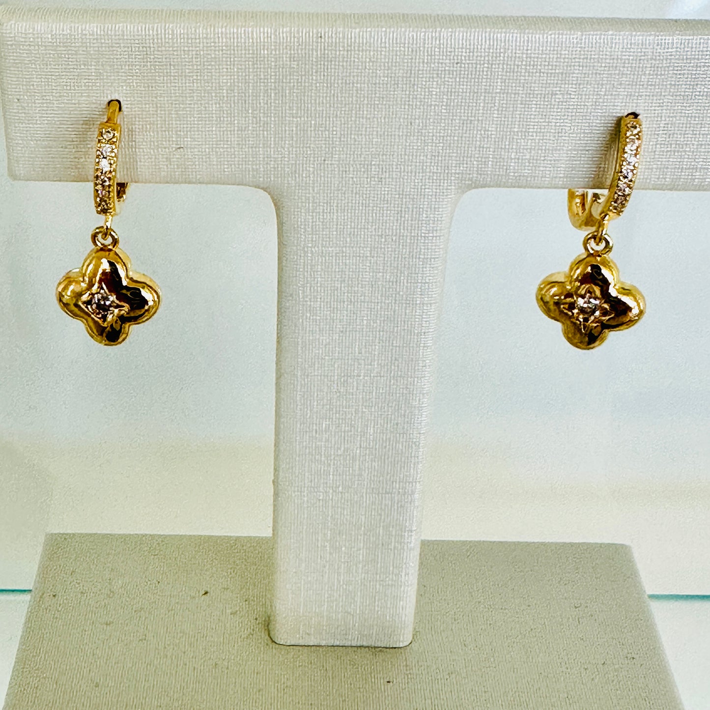 18K Gold Plated Hoops Dangling Studded Zirconia Small Clover Earrings