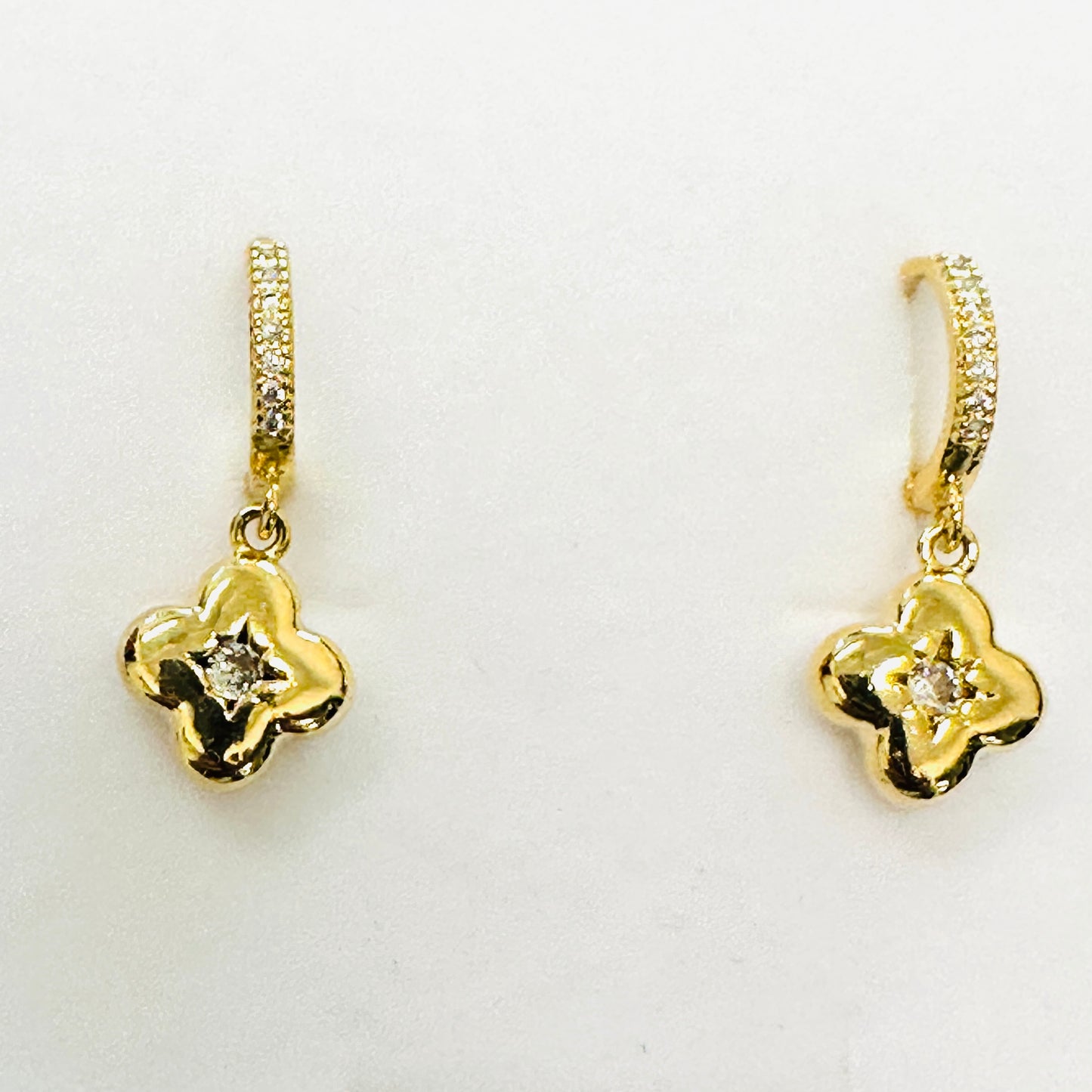18K Gold Plated Hoops Dangling Studded Zirconia Small Clover Earrings