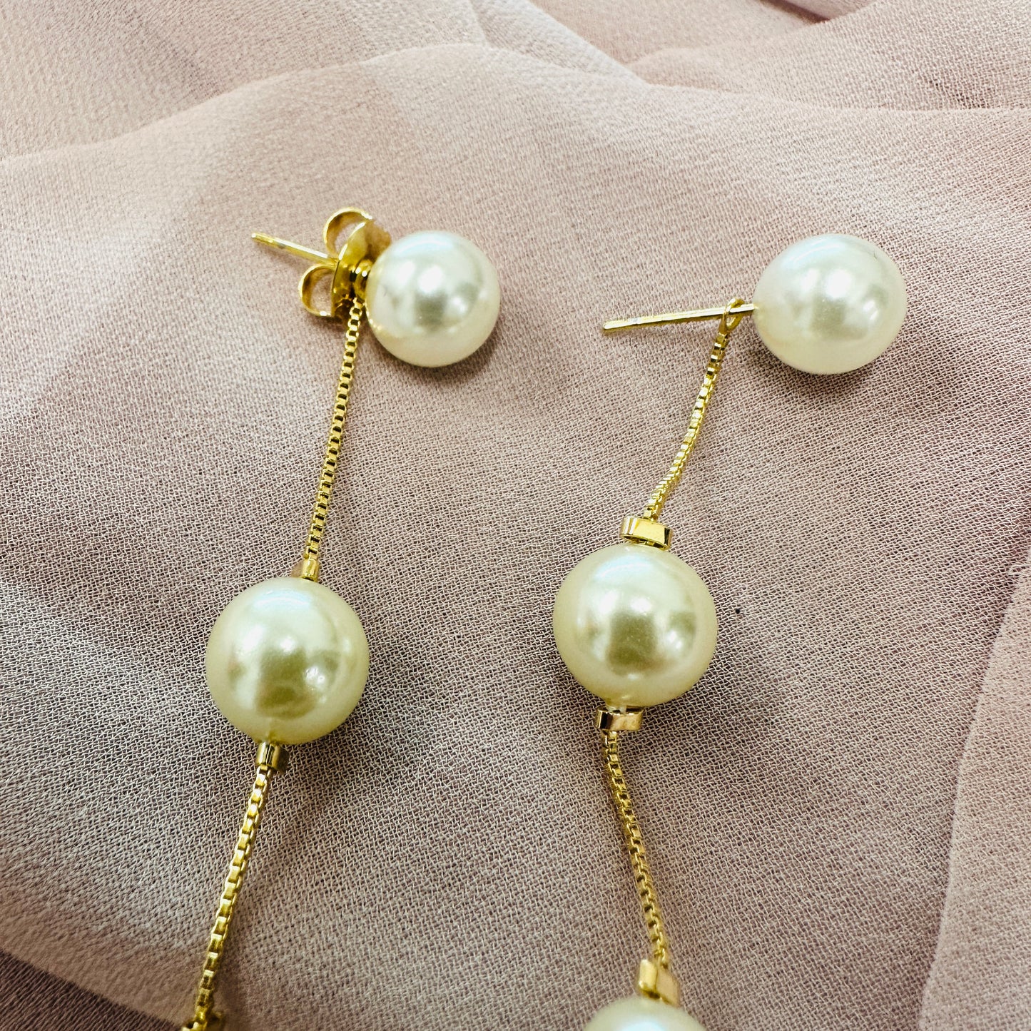 18K Gold Plated Long Chain & Pearls Earrings