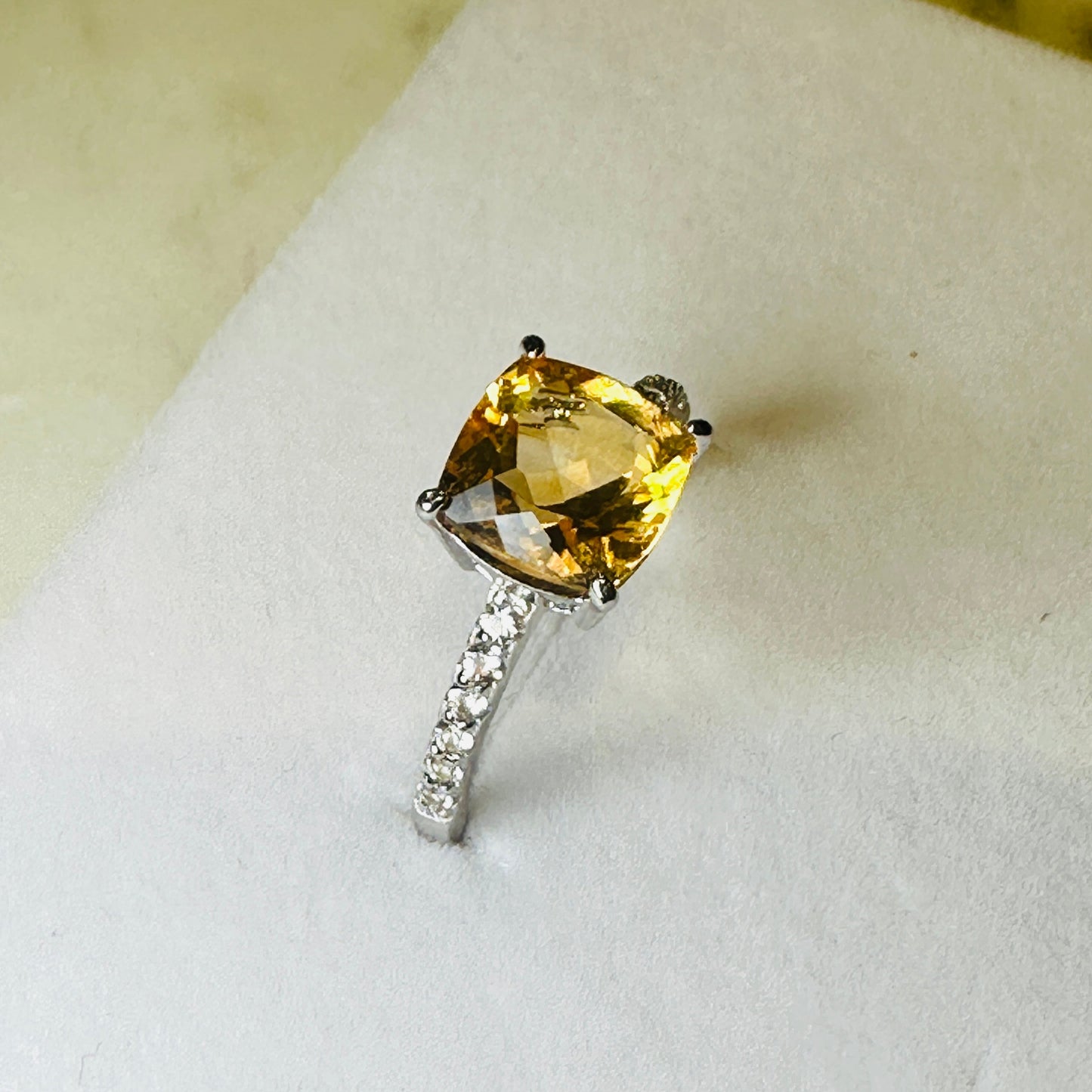 Citrine and White Topaz Studded on Rhodium-finished 925 Sterling Silver Ring