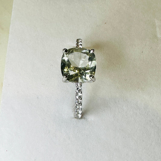 Green Amethyst and White Topaz Studded on Rhodium-finished 925 Sterling Silver Ring