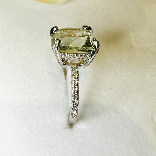 Green Amethyst and White Topaz Studded on Rhodium-finished 925 Sterling Silver Ring