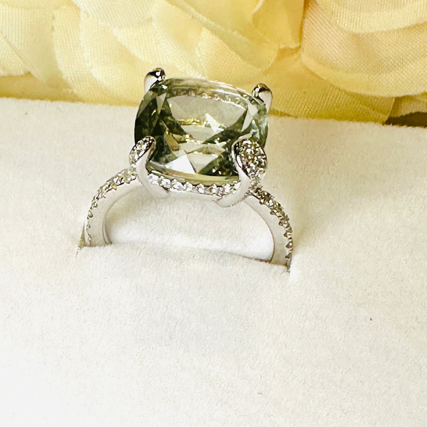 Green Amethyst and White Topaz Studded on Rhodium-finished 925 Sterling Silver Ring