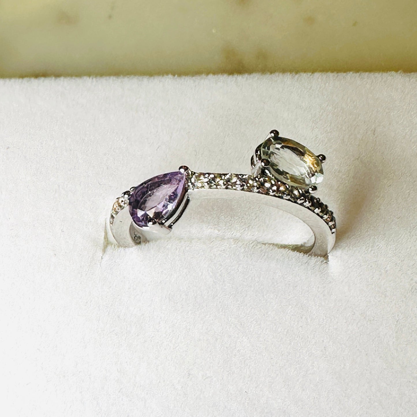 Pink Amethyst, Green Amethyst and White Topaz Studded on Rhodium-finished 925 Sterling Silver Ring