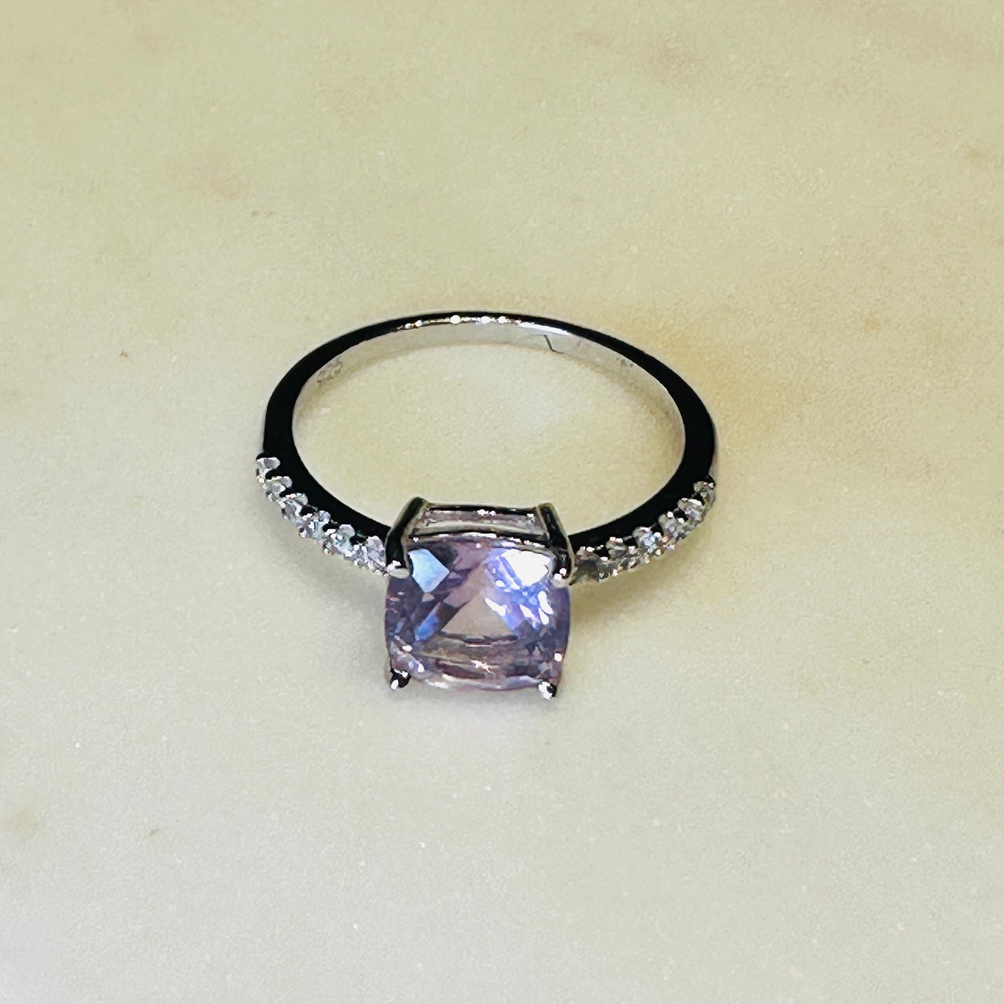 Pink Amethyst and White Topaz Studded on Rhodium-finished 925 Sterling Silver Ring