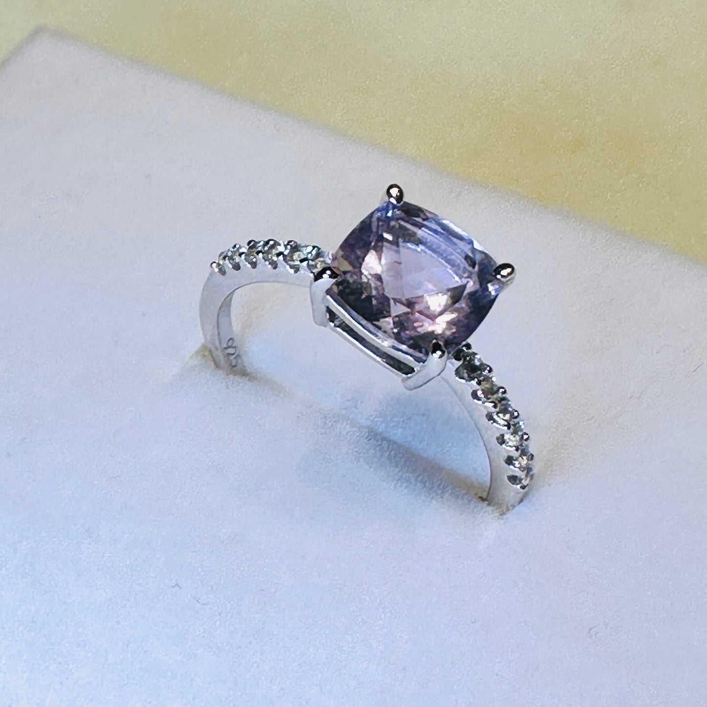Pink Amethyst and White Topaz Studded on Rhodium-finished 925 Sterling Silver Ring