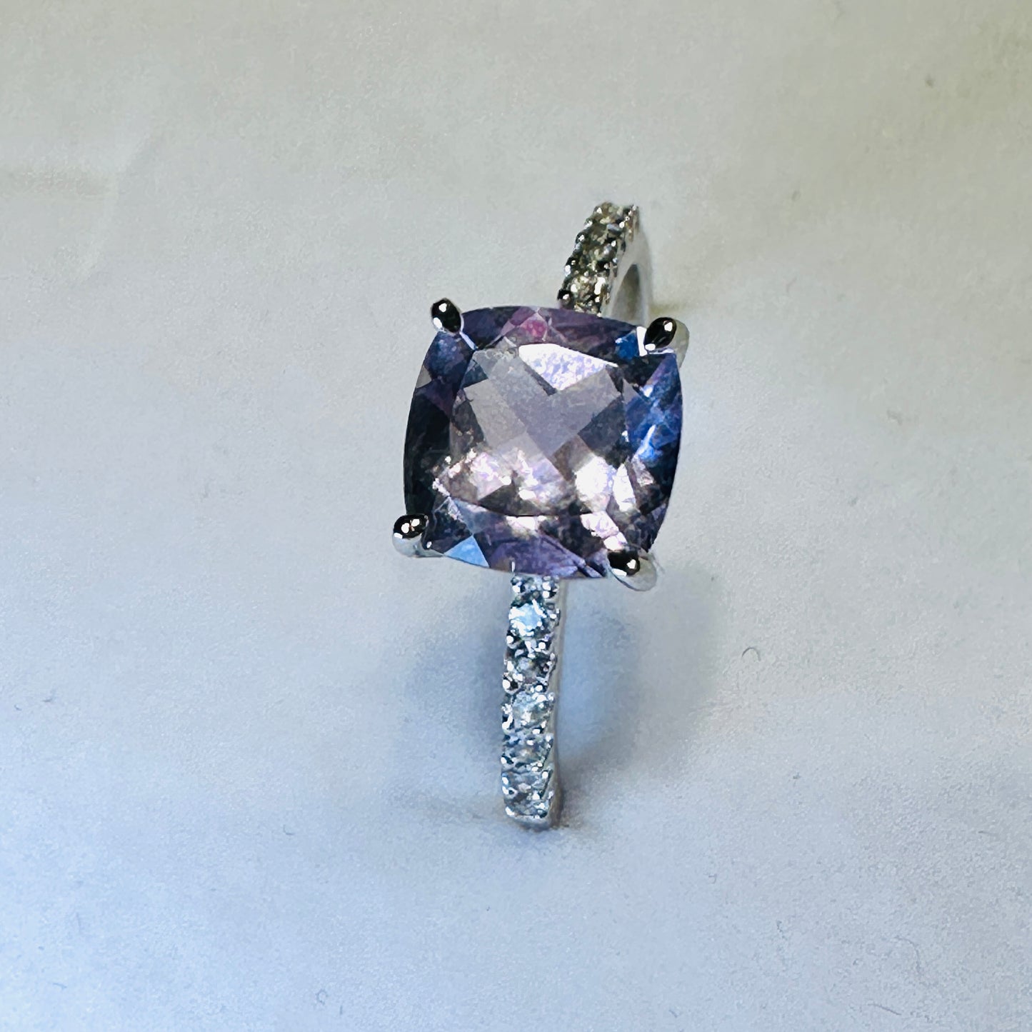 Pink Amethyst and White Topaz Studded on Rhodium-finished 925 Sterling Silver Ring