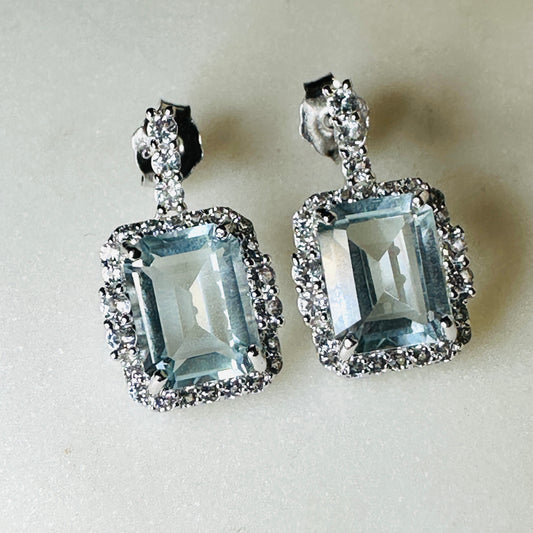 Green Amethyst, White Topaz Studded on Rhodium-finished 925 Sterling Silver Earring