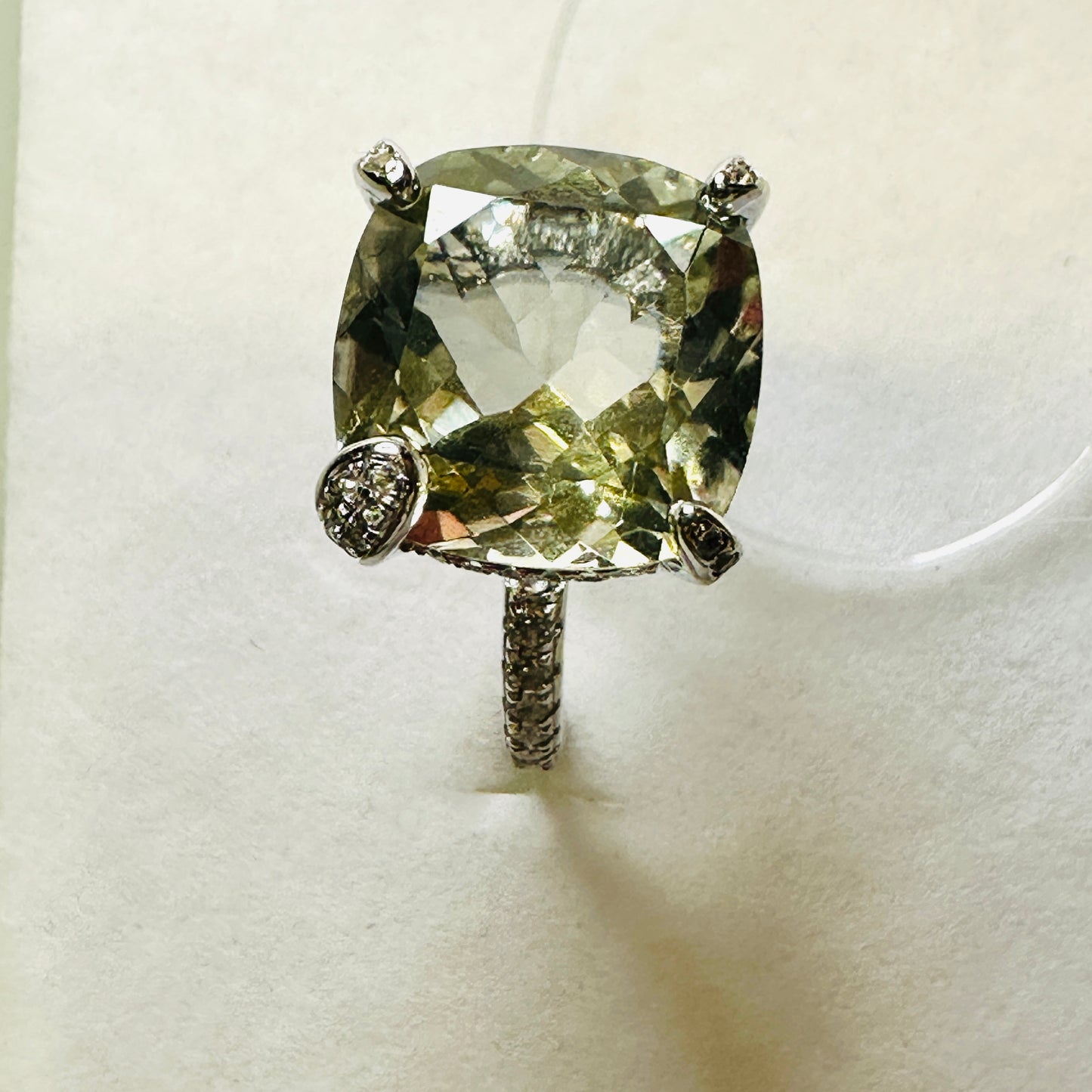 Green Amethyst and White Topaz Studded on Rhodium-finished 925 Sterling Silver Ring