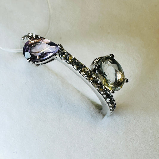 Pink Amethyst, Green Amethyst and White Topaz Studded on Rhodium-finished 925 Sterling Silver Ring